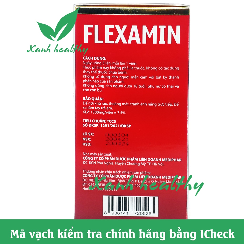 Viên giảm đau nhức mỏi xương khớp Glucosamine Flexamin - Uống Bổ Xương Khớp giảm thoái hóa khớp - Hộp 30 viên
