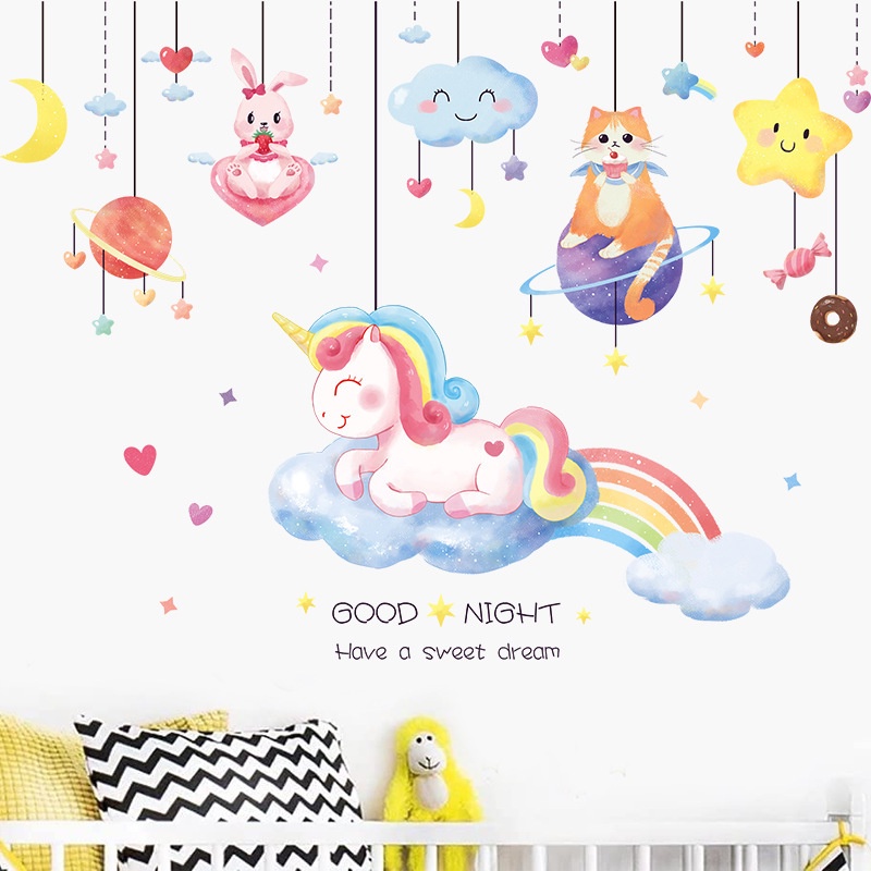 Decal dán tường trang trí phòng bé gái Mẫu kỳ lân số 4 GOOD NIGHT - AmyShop