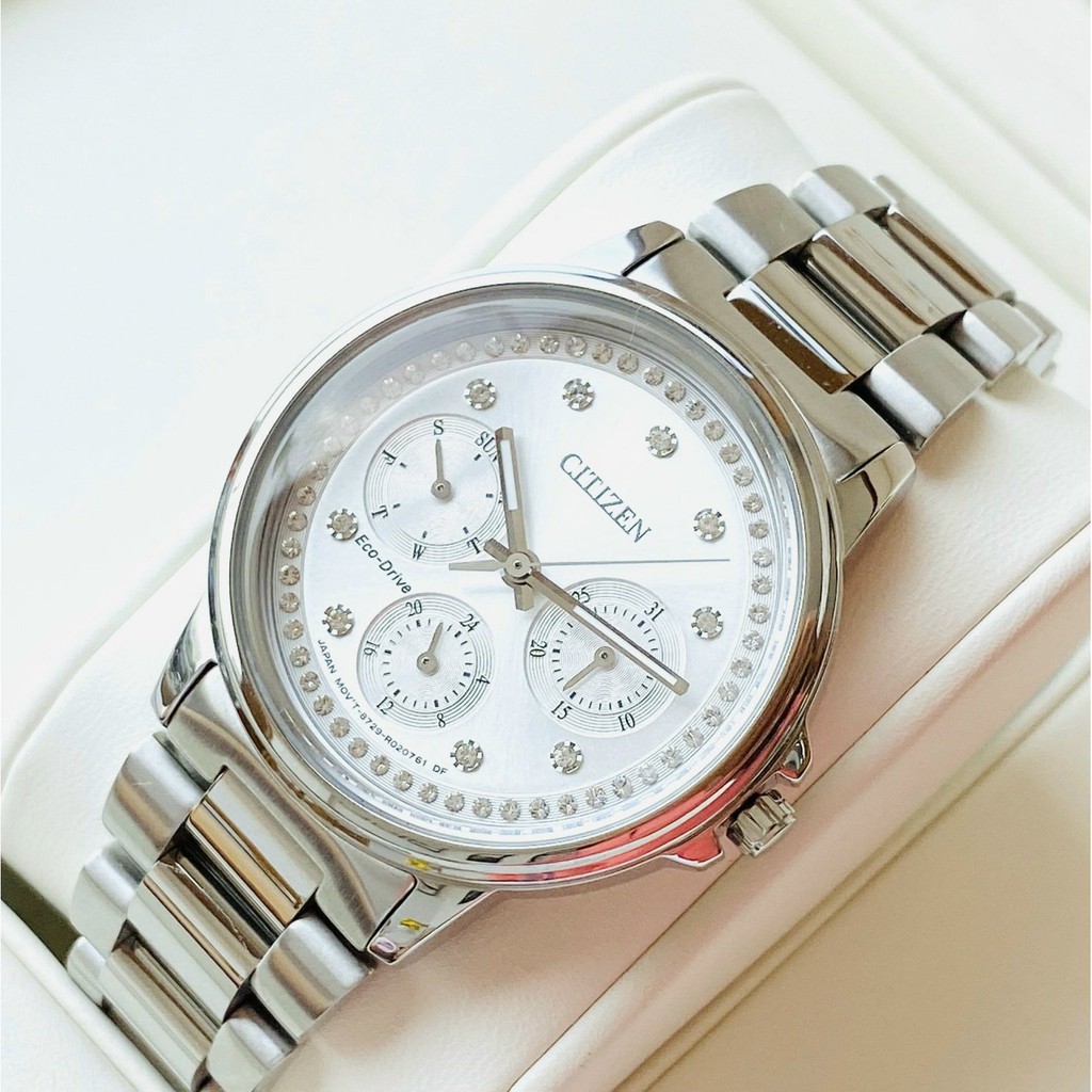 Đồng hồ Nữ chính hãng Citizen Eco Drive FD2040-57A Size 35,Mặt trắng Pha lê,Lịch-Năng lượng ánh sáng-Dây kim loại