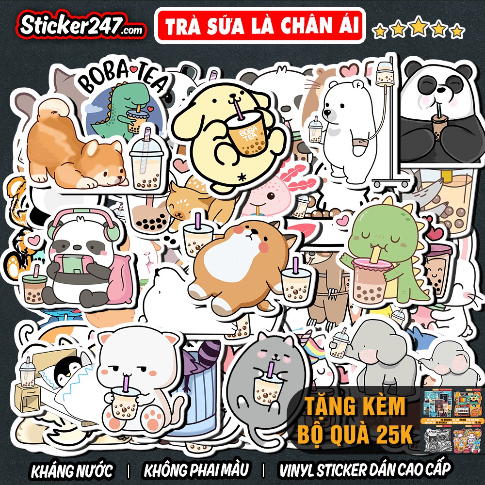 Sticker Cute Animal Uống Trà Sữa 𝑭𝒓𝒆𝒆𝒔𝒉𝒊𝒑 Decal Chống Thấm Nước, Sticker Dán Mũ Bảo Hiểm, Dán Vali, Laptop, Đàn Guitar
