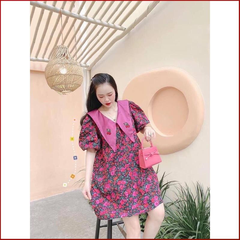 ☍﹊Đầm Suông Dáng Rộng COBI hoa phối cổ vạt nhọn thêu trái cherry tay phồng Bầu Bì Bon Chen Dưới 65kg