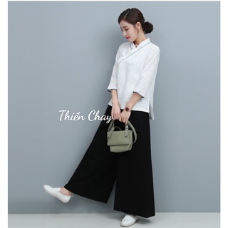 Đồ lam đi chùa nữ vải đũi pha cotton mềm cao cấp Bộ cổ viền vạt chéo