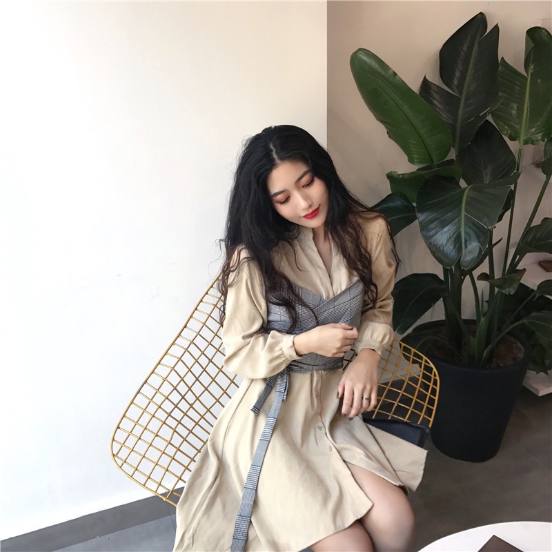 Xiaozhainv Đầm tay dài eo cao thời trang phong cách Hàn Quốc | BigBuy360 - bigbuy360.vn