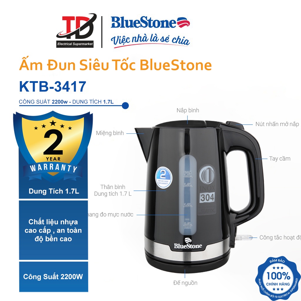 [Mã ELHAMS5 giảm 6% đơn 300K] Ấm Đun Siêu Tốc Bluestone KTB-3417 , 1.7 lít -2200W , Bảo Hành Chính Hãng 2 Năm