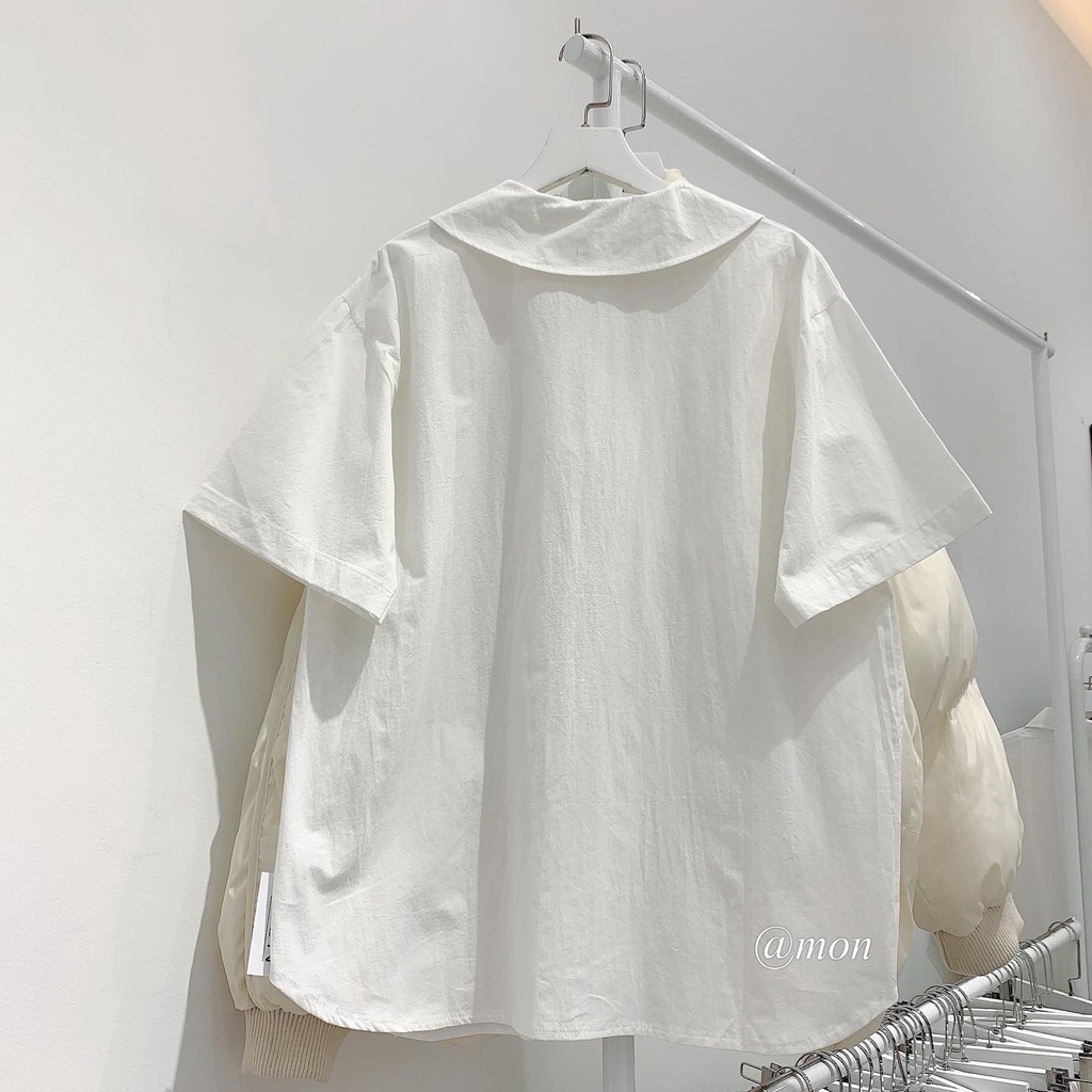 2101646 Áo sơ mi nữ - áo sơ mi cộc tay tiểu thư cổ tròn chất đũi thô mềm mát freesize 2 màu thời trang ulzzang | BigBuy360 - bigbuy360.vn