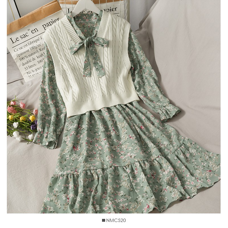 Set váy hoa + áo gile len freesize