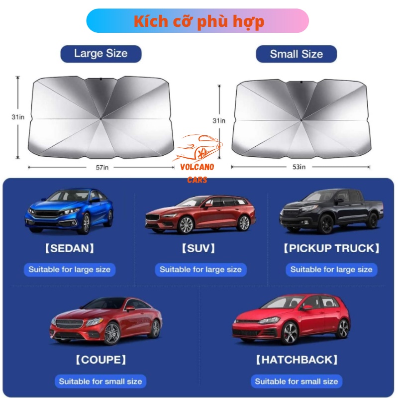 [Hàng Loại 1]Ô dù chắn nắng che kính lái Volcano Cars loại gấp gọn tráng bạc cách nhiệt chống nóng dùng cho ô tô xe hơi