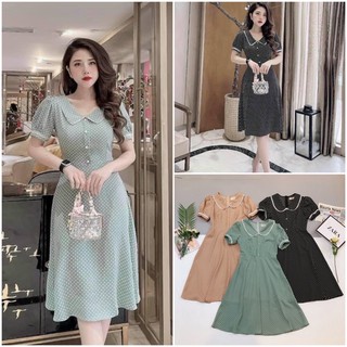 Đầm chấm bi cổ sen viền trắng chất lụa tằm siêu sang