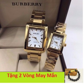 "Tặng 2 Vòng May Mắn" Đồng Hồ Đôi Nam Nữ Halei Mặt Vuông Trắng Quà Tặng Tình Yêu