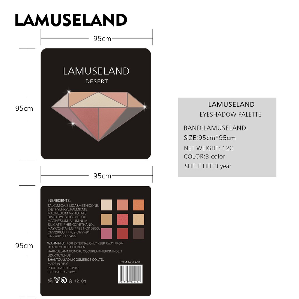 [Hàng mới về] Bảng phấn mắt LAMUSELAND LA33 9 màu lì 3 sắc kim cương kiểu dáng