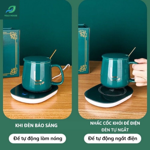 Cốc hâm nóng đồ uống kèm đế điện, cafe + Tặng kèm thìa vàng và hộp sang trọng, Bộ ly sứ hâm nóng trà, hâm sữa