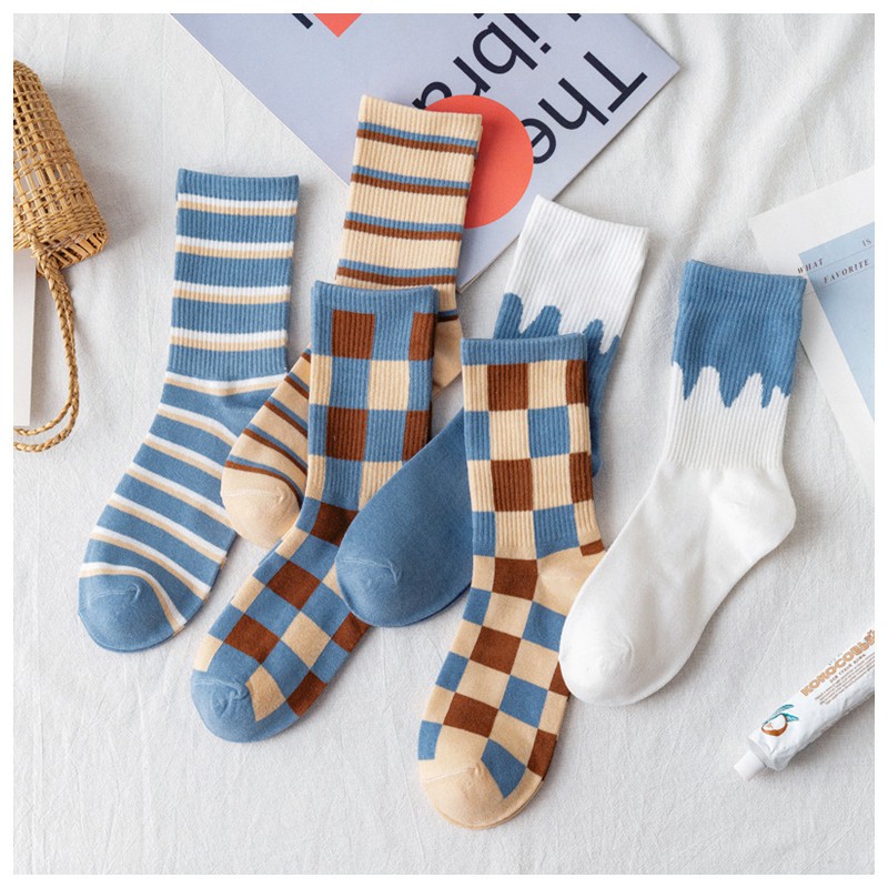 Tất cotton cổ thấp in sọc dọc/caro xanh lam co giãn giữ ấm phong cách Harajuku Nhật cho nữ