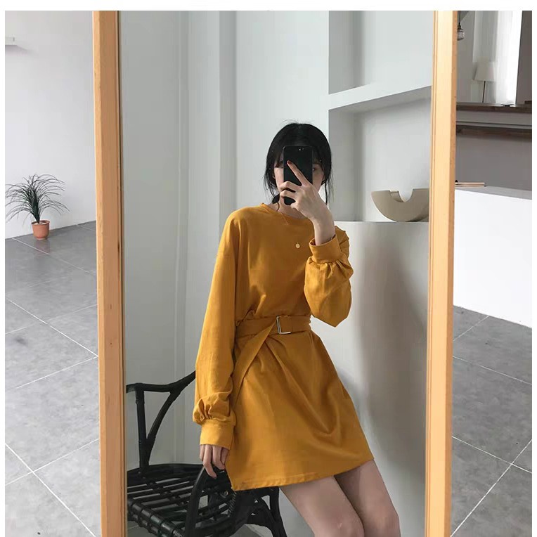 VÁY SWEATER TAY BỒNG TẶNG KÈM BELT HOT - ĐẦM MẶC 2 KIỂU