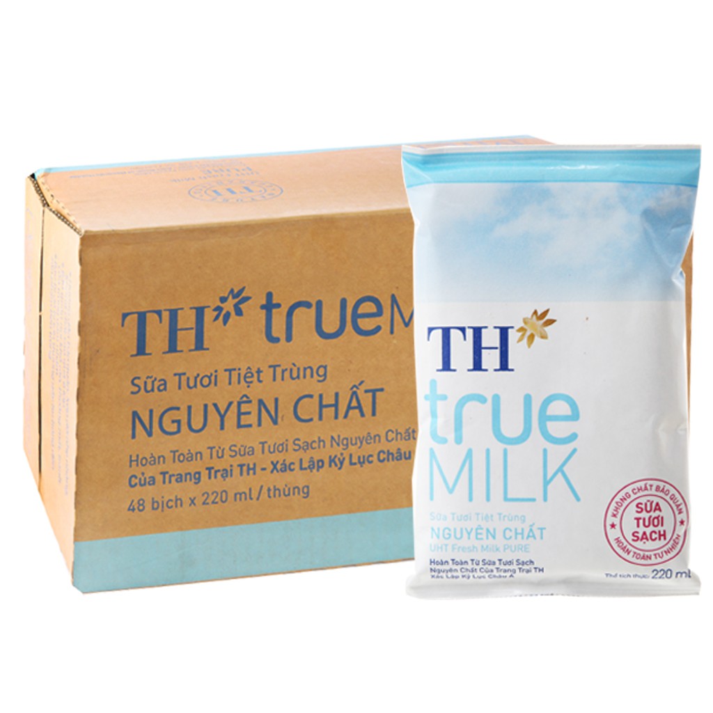 Thùng 48 bịch sữa tươi, TH TrueMilk, không đường, 220ml