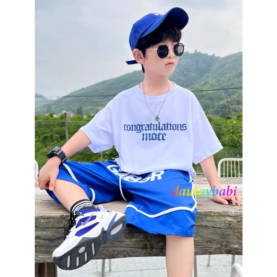 Bộ thun bé trai ngắn tay thun cotton xịn mát áo in nổi quần viền phong cách năng động cho bé 10-52kg-BBT90