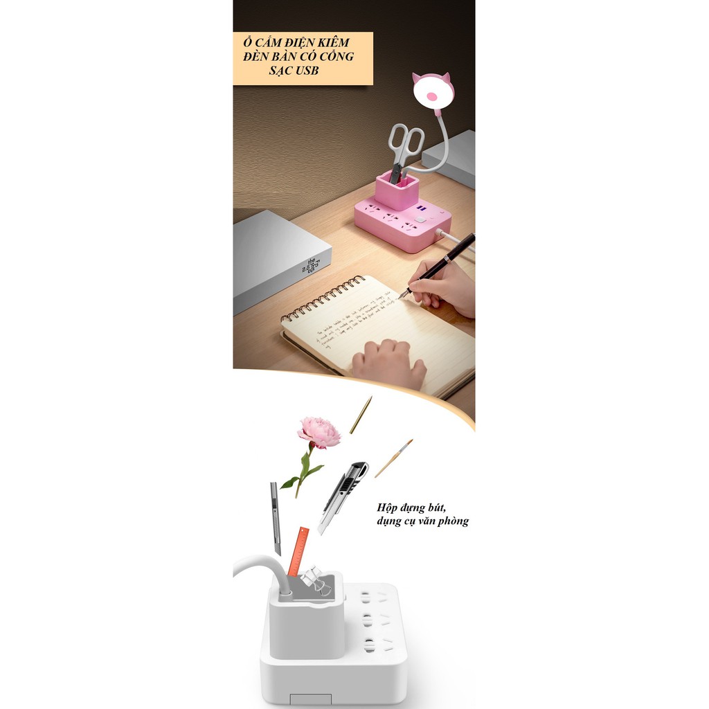Đèn Học Bảo Vệ Mắt - Đèn Để Bàn Có Ống Đựng Bút Và Ổ Cắm Đa Năng