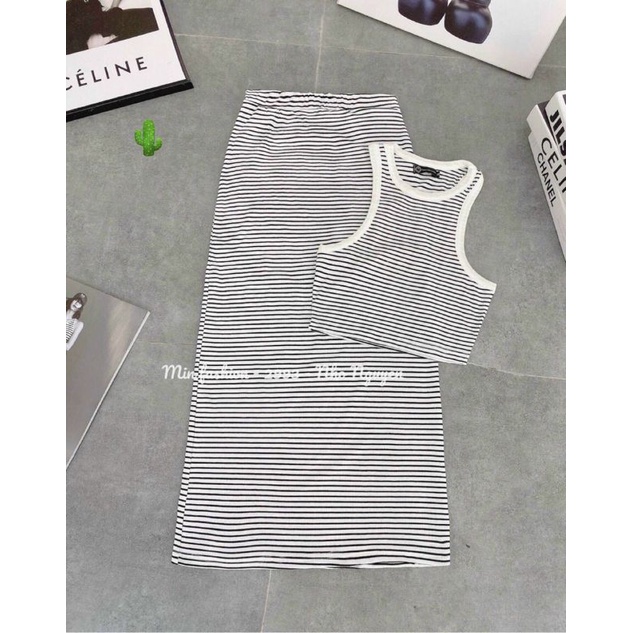 Sét váy maxi &amp; áo 3 lỗ sọc  siêu hot siêu sang(B.C)