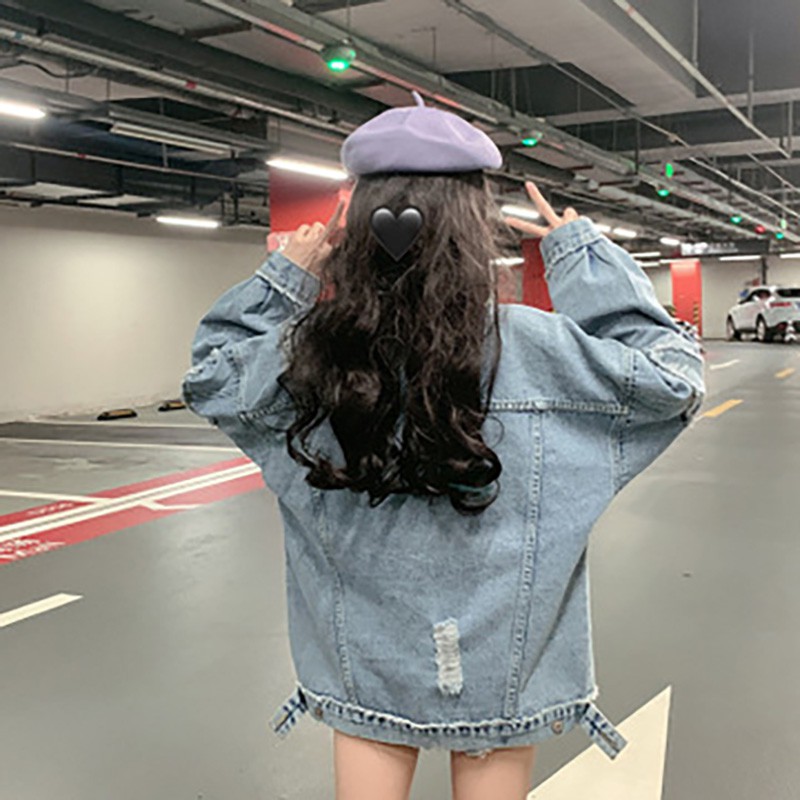 Áo khoác denim tay dài dáng rộng kiểu Hàn Quốc thời trang mùa thu dành cho nữ Denim