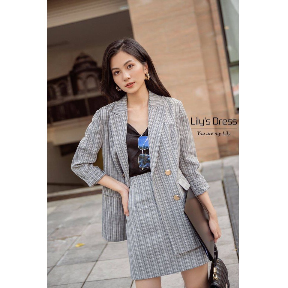 Set Blazer Caro + Chân Váy Caro ô xám by Lilie | BigBuy360 - bigbuy360.vn