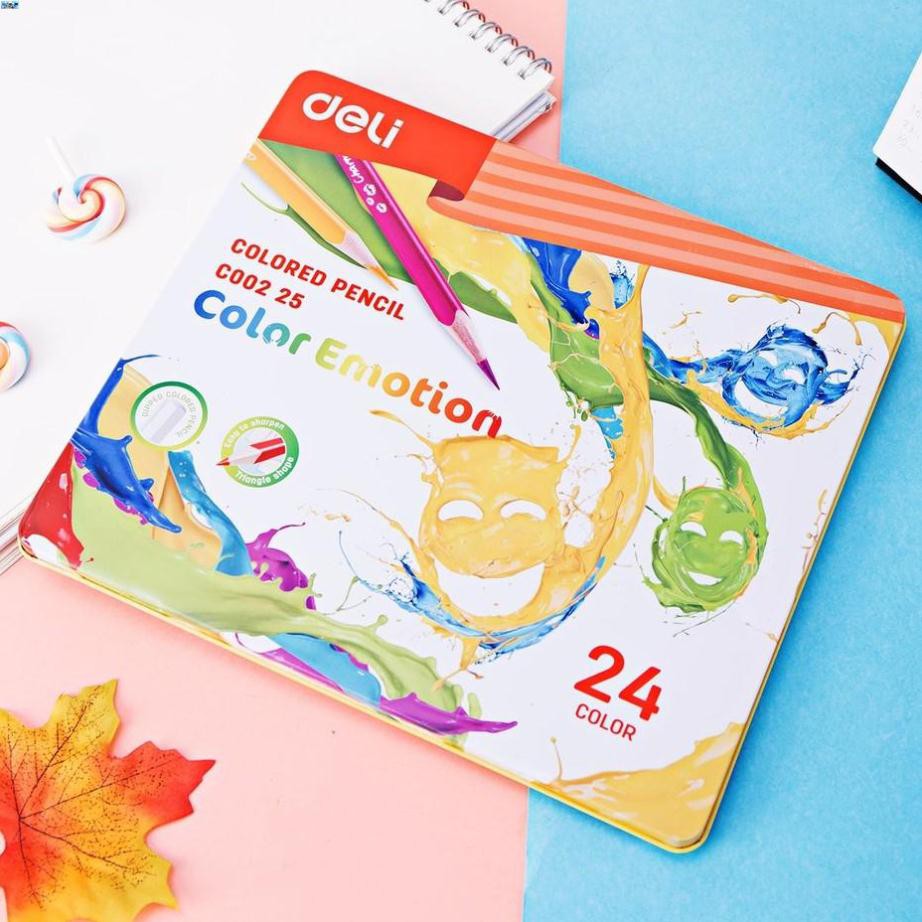 Bút chì màu học sinh hộp sắt thiếc Deli - thân tam giác hỗ trợ cầm nắm - 12/24/36 màu/hộp - EC00235 .