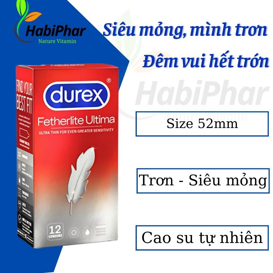 Bao cao su Durex siêu mỏng Fetherlite Ultima hộp 12 chiếc, Bcs durex đỏ mỏng size 52mm - HabiPhar