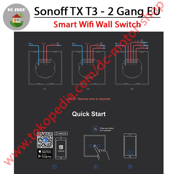 Công Tắc Cảm Ứng Thông Minh Sonoff Touch Tx T3 Eu-2gang Rf 433mhz T3eu2c App Ewelink