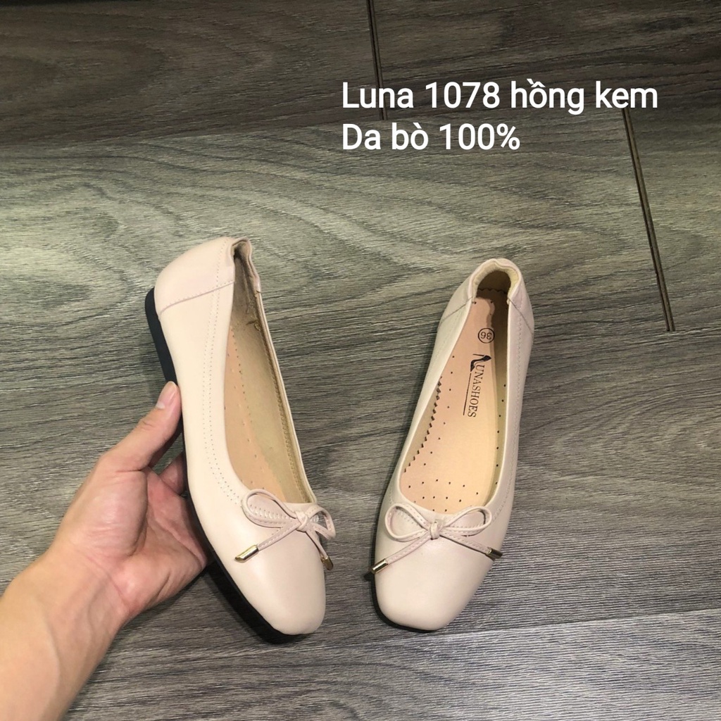 Giày mũi vuông đế bệt da bò thật LUNASHOES 1078 bảo hành 2 năm 1 đổi 1 giầy đế bằng nữ đi êm chân dễ phối đồ hàng vnxk