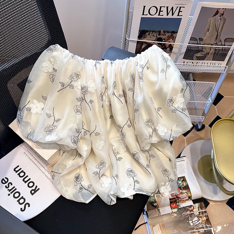 Áo Trễ Vai Tay Phồng Thêu Họa Tiết Hoa Phong Cách Hàn Quốc Dành Cho Nữ