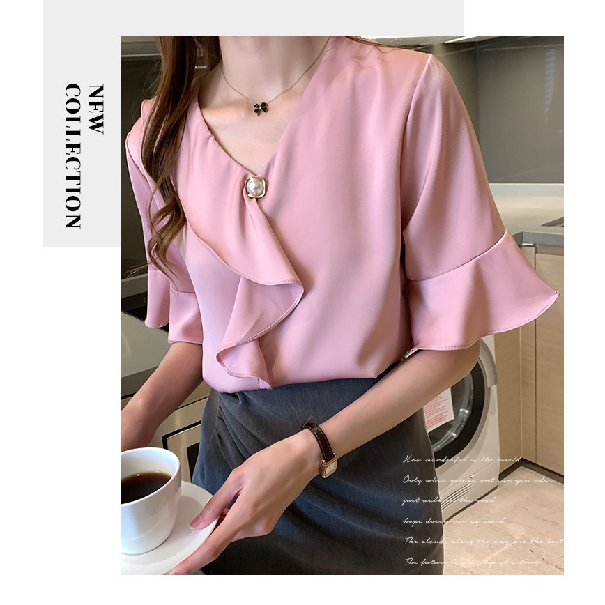 Korean Elegant Ruffle V Neck Casual Blouse Women Summer Flare Short Sleeve Shirt Yellow White Pink | BigBuy360 - bigbuy360.vn