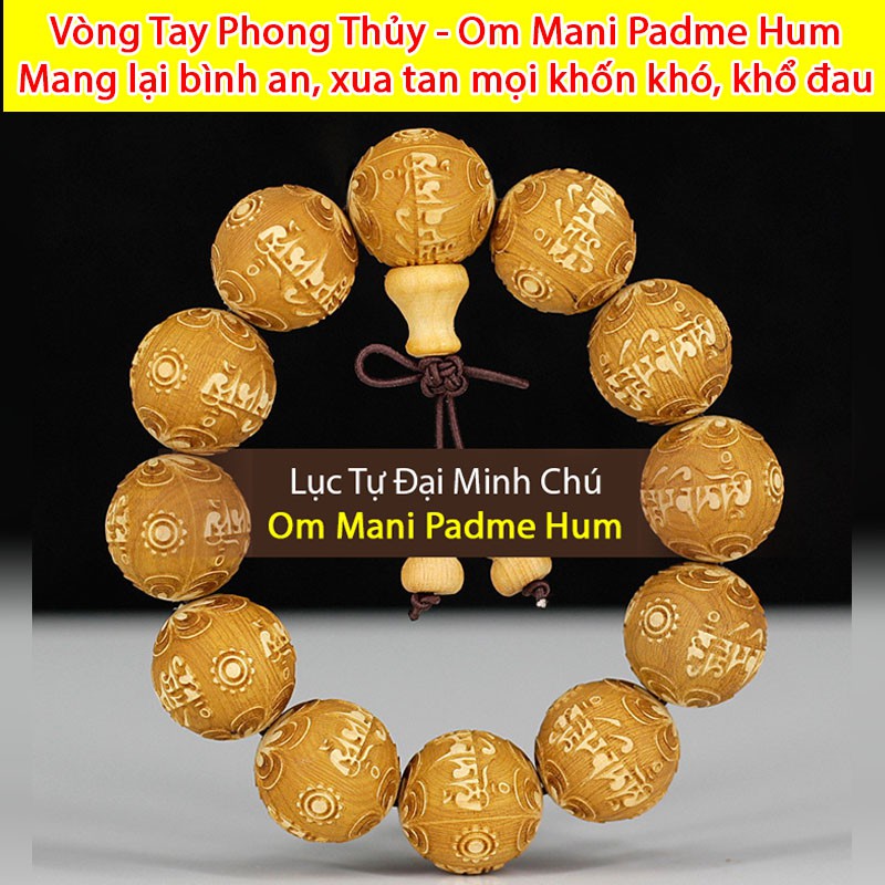 VÒNG TAY HẠT GỖ Phong Thủy - Gỗ Nhai Bách - Trạm khắc Lục Tự Đại Minh Chú, mang lại bình an xua tan mọi khốn khó khổ đau