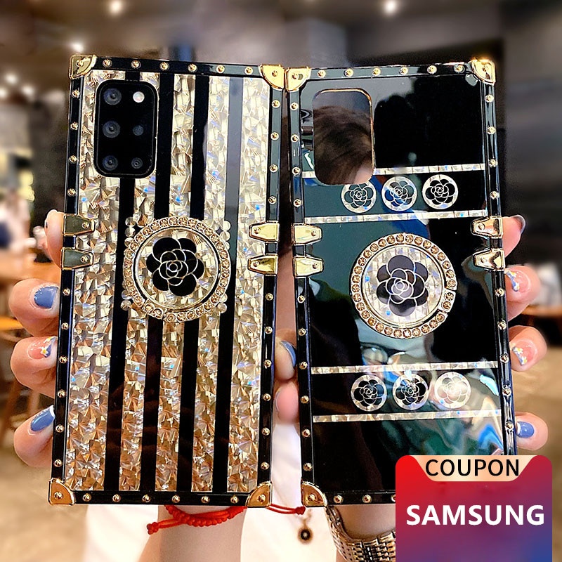 Ốp điện thoại viền vuông tráng gương họa tiết LV chống sốc kèm nhẫn đỡ cho Samsung A52 A72 S21 Ultra S20