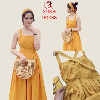 Đầm váy nữ dự tiệc maxi màu vàng 2 dây chéo lưng kèm băng đô đi biển xinh đẹp chất Lụa mềm mại