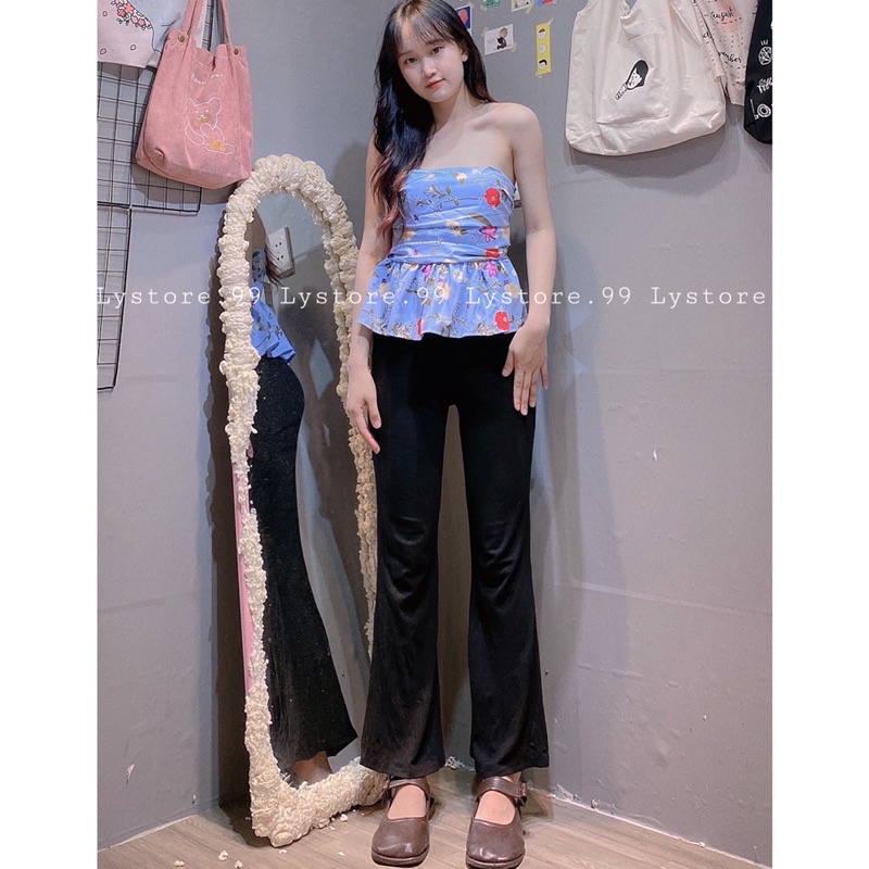 (Hình shop chụp) Áo ống hoa, quần loe thun dài, quần đùi jean hot trend