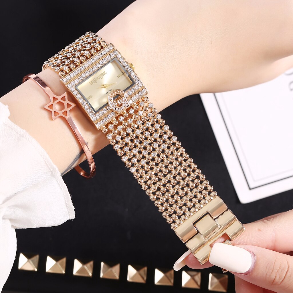 Đồng hồ đeo tay bộ máy thạch anh mặt dáng vuông đính đá lấp lánh dây đeo thép không gỉ sang trọng thời trang cho nữ