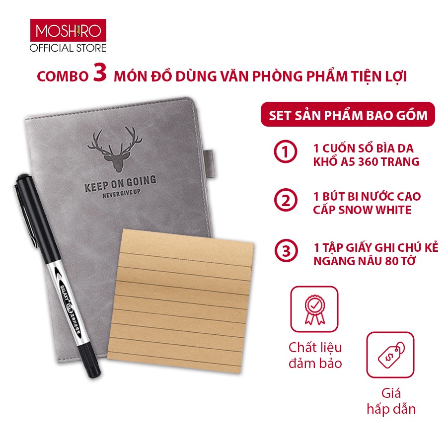 Combo 1 sổ tay ghi chép Moshiro siêu dày 360 trang bìa da,1 tập giấy note kẻ ngang màu nâu,1 bút bi nước Snowhite đen