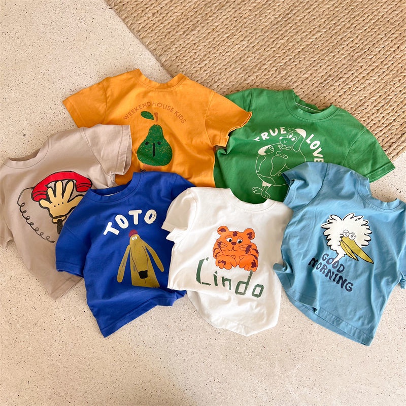 Áo thun bằng cotton nguyên chất 100% ngắn tay in họa tiết hoạt hình cho bé sáu màu