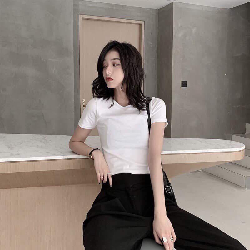 Áo croptop thun trơn basic cổ tròn tay ngắn kiểu dáng gợi cảm màu trắng n7clothing