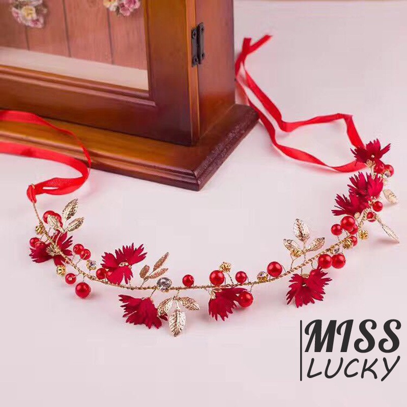 Băng đô đính hoa lá kèm dây ruy băng xinh xắn cho nữ