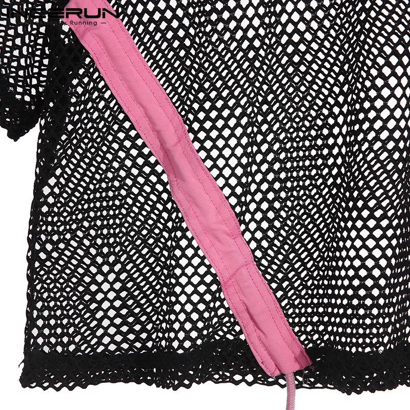 Áo INCERUN ngắn tay xuyên thấu màu đen phối dây rút thời trang cho nam