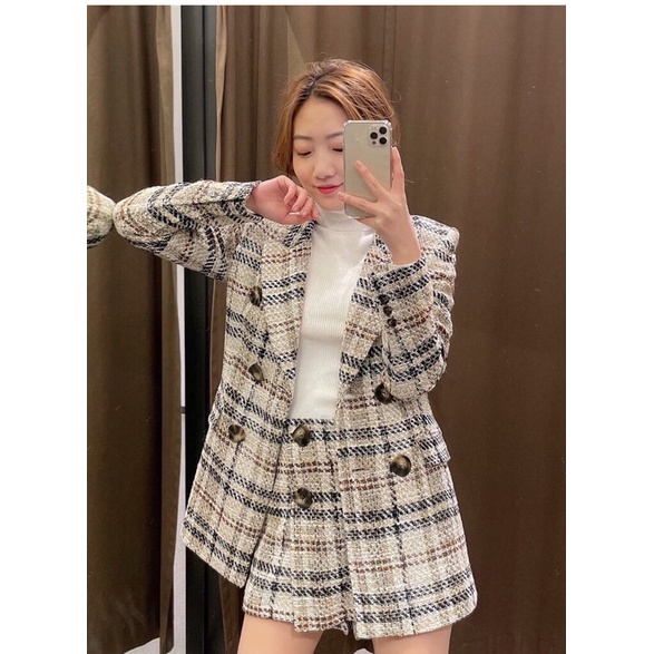 Set blazer + chân váy tweed kẻ ZR