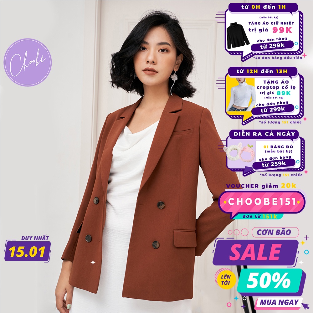 Áo blazer Choobe hai lớp, dài tay, vest nữ màu Nâu trơn, phong cách Hàn Quốc thanh lịch- BL4