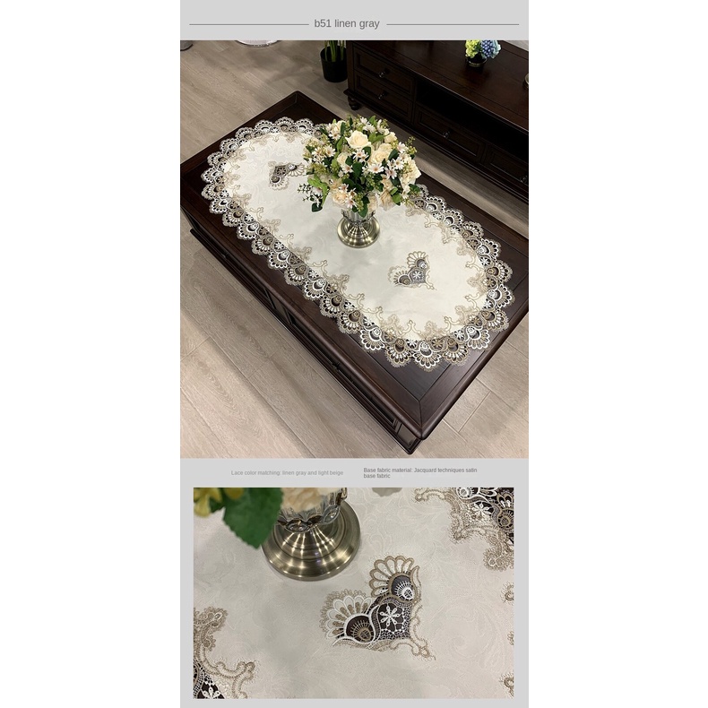 Khăn Trải Bàn Cà Phê Hình Oval Phối Ren Phong Cách Châu Âu