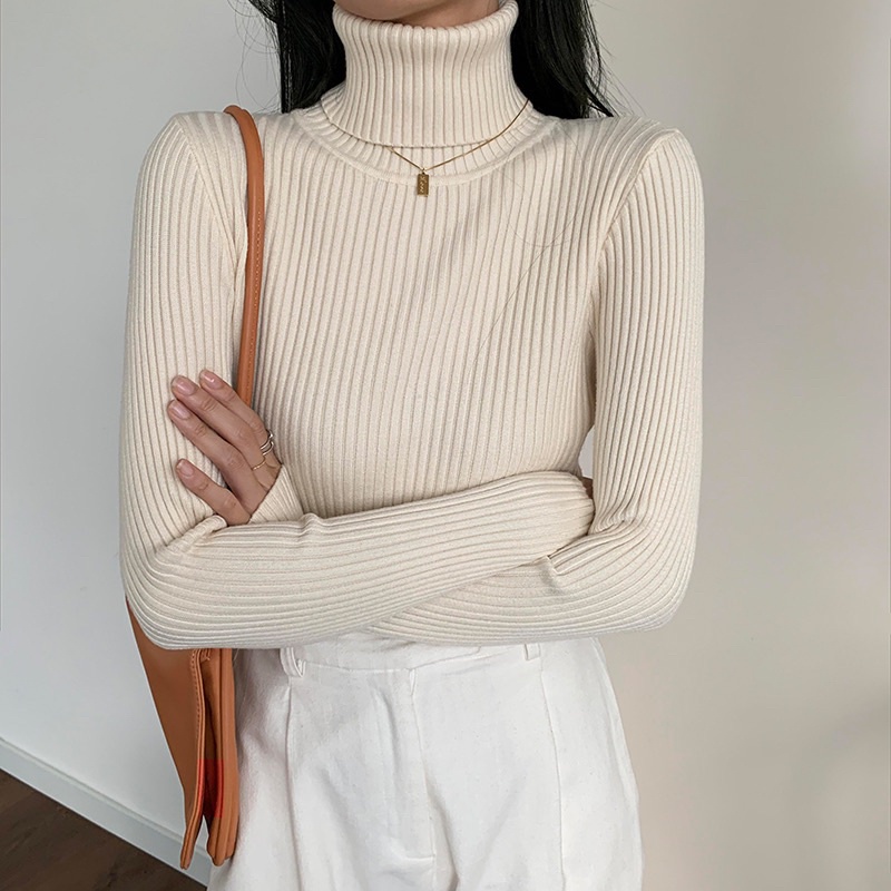 Áo len gân cao cổ dài tay màu be trơn basic