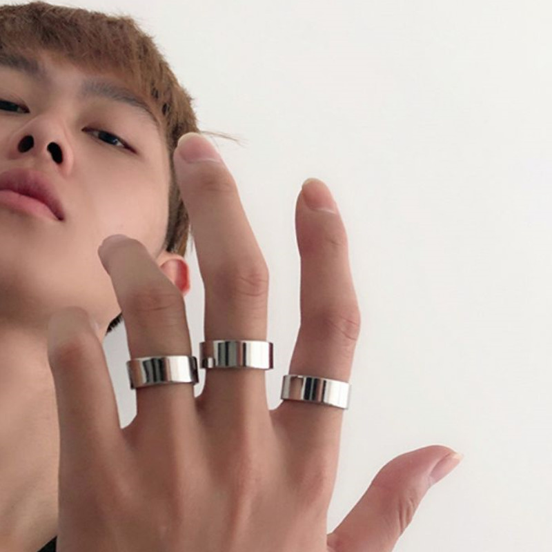 Nhẫn bạc bóng thép titan thiết kế đơn giản phong cách hiphop dành cho nam nữ