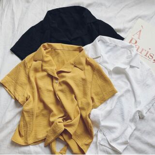 Áo sơ mi croptop cổ vest cột tà