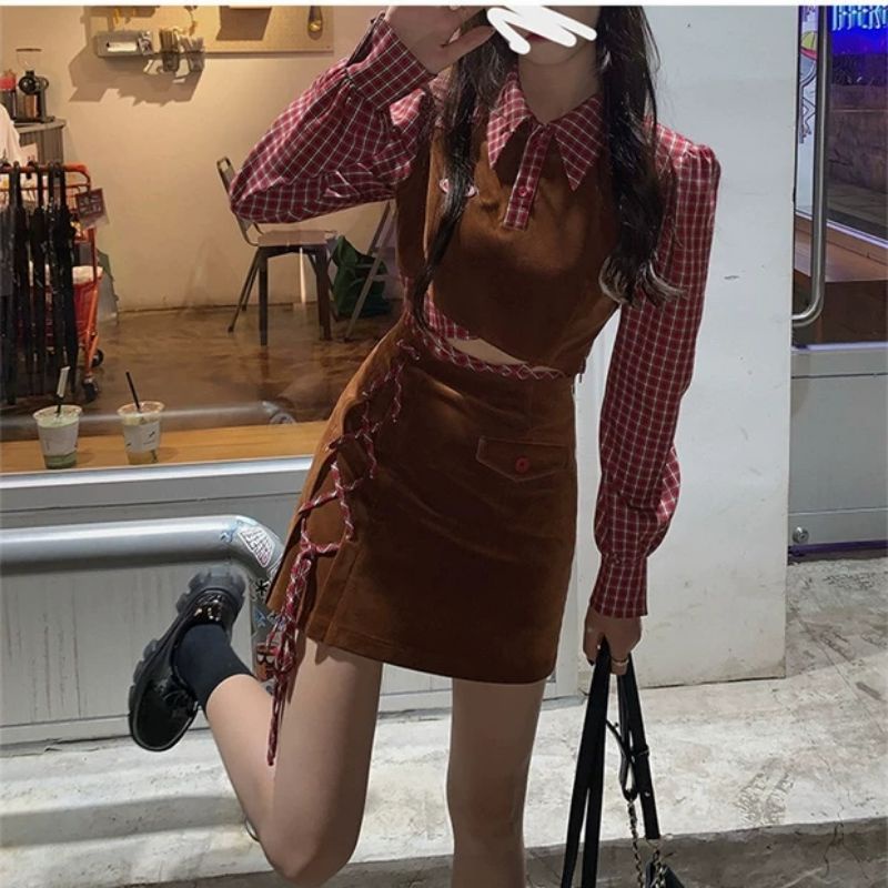 Set áo sơ mi tay dài + chân váy chữ A sọc caro màu đỏ oder taobao