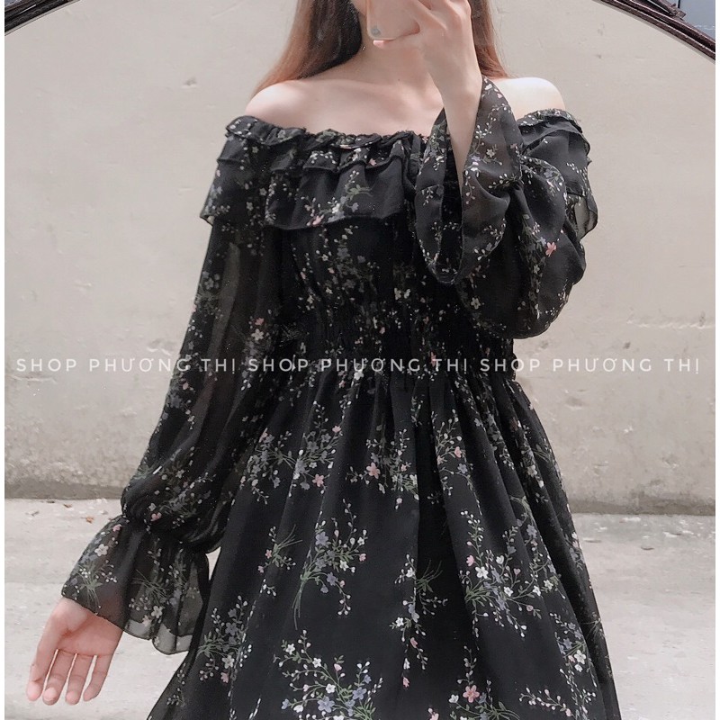 Đầm hoa nhí trễ vai hai màu (hình shop tự chụp/sẵn) | BigBuy360 - bigbuy360.vn