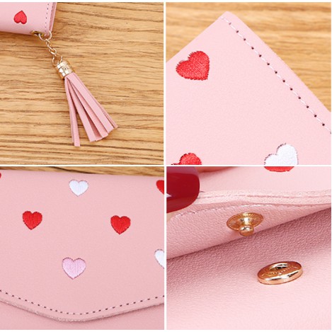 VÍ BÓP NỮ MINI THÊU TIM TUA RUA