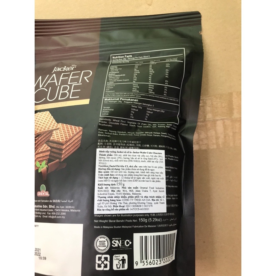 Bánh Xốp Kem Jacker Malaysia Hương Sôcôla Wafer Cube Chocolate (Gói 150g)