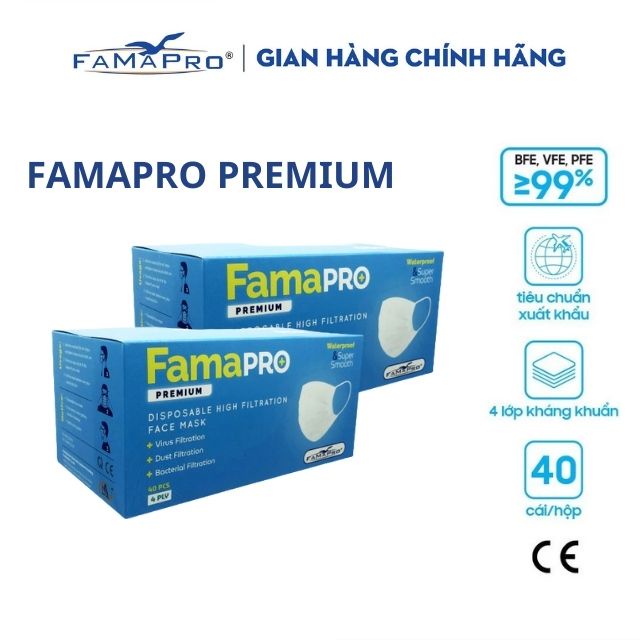 [PREMIUM- COMBO 2- HỘP 40 CÁI] Khẩu trang y tế cao cấp 4 lớp kháng khuẩn Famapro Premium